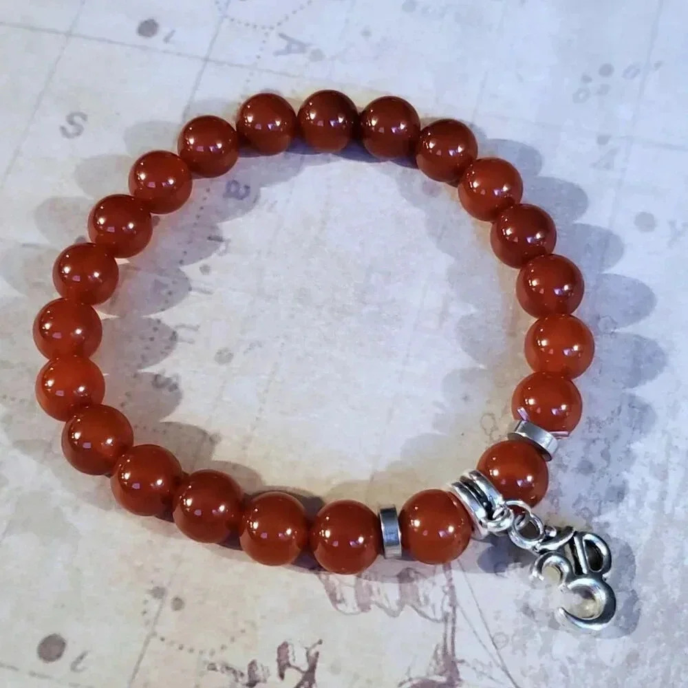 Om Aum Zen Mantra Red Carnelian Gemstone Stretch Bracelet - Picture 3 of 7